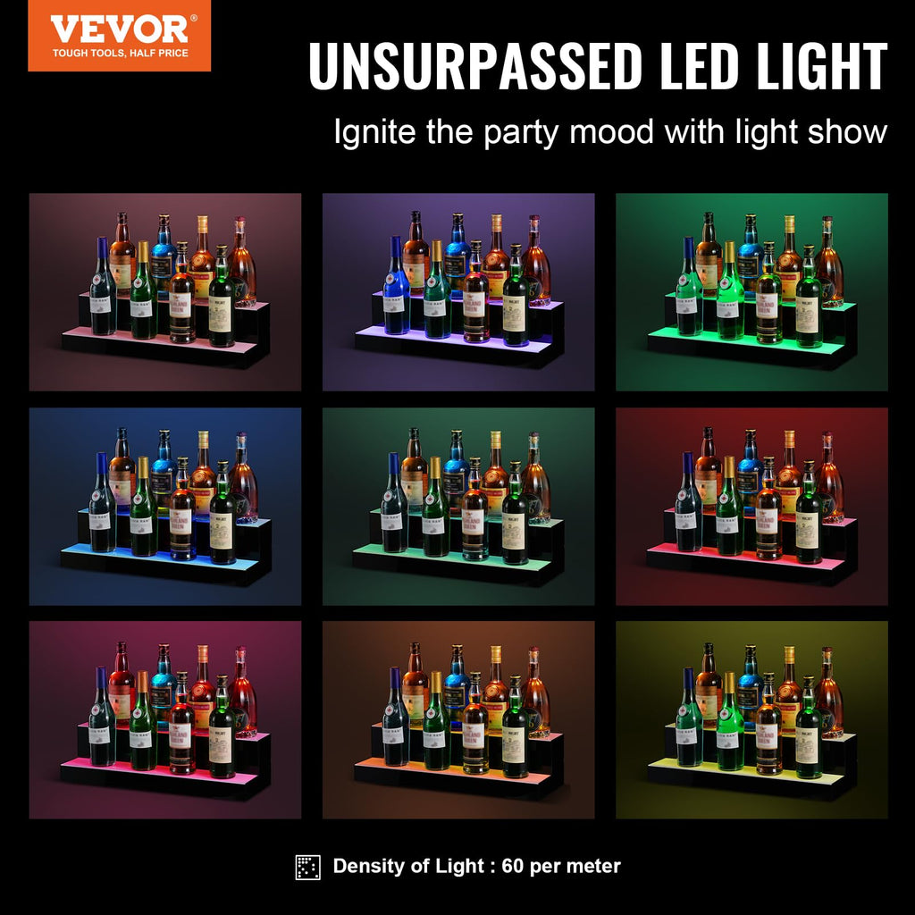 VEVOR LED Lighted Liquor Bottle Display, 2 Tiers 24 Inch Commercial Illuminated Home Bar Shelf, 2 Steps Whiskey Rack Stand, Acrylic Drink Shelves with RF Remote & App Control, and Multicolor Light
