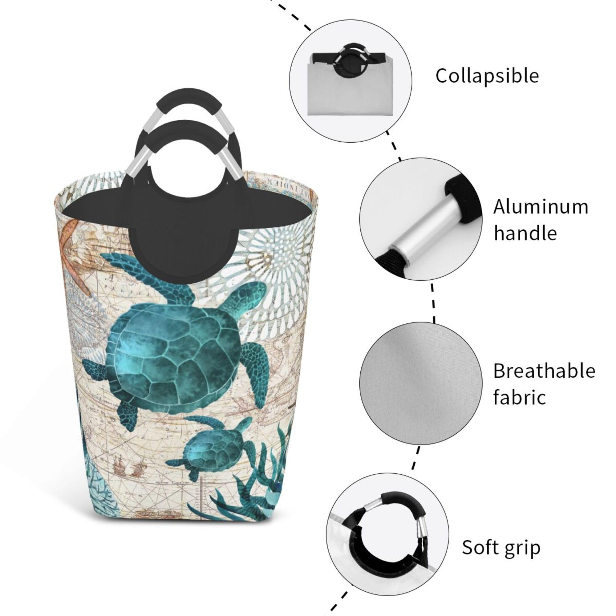 LIBIFALL Vintage Sea Turtle Large Laundry Basket Beach Decor Laundry Hamper Bag Collapsible Laundry Baskets Clothes Hamper with Handles Ocean Storage Baskets For Bathroom, Dorm, Family, 50L