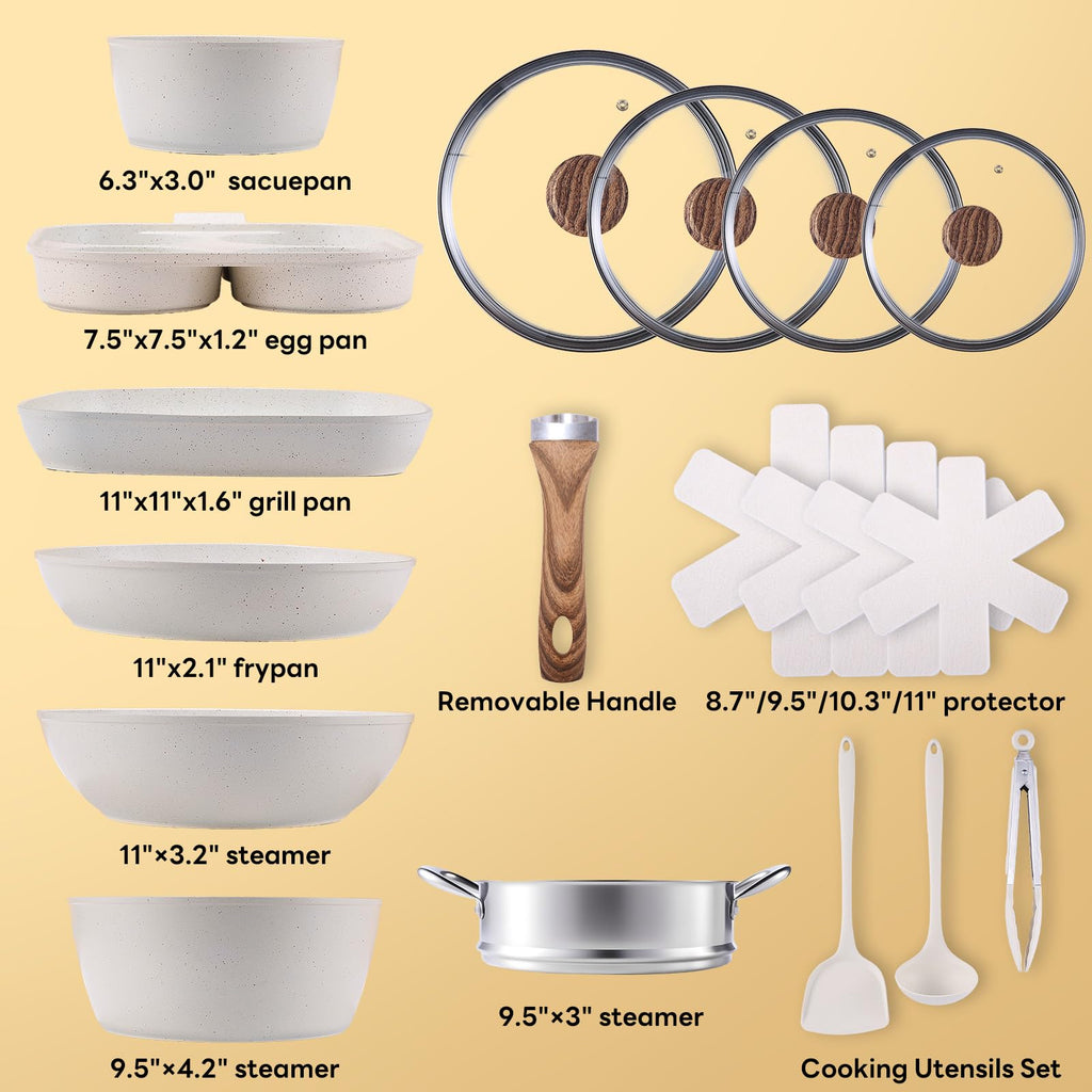 NEWBULIG 17-Piece Nonstick & Non-Toxic Pots and Pans Set, Cookware with Stay-Cool Handles, Induction Compatible, Cream White