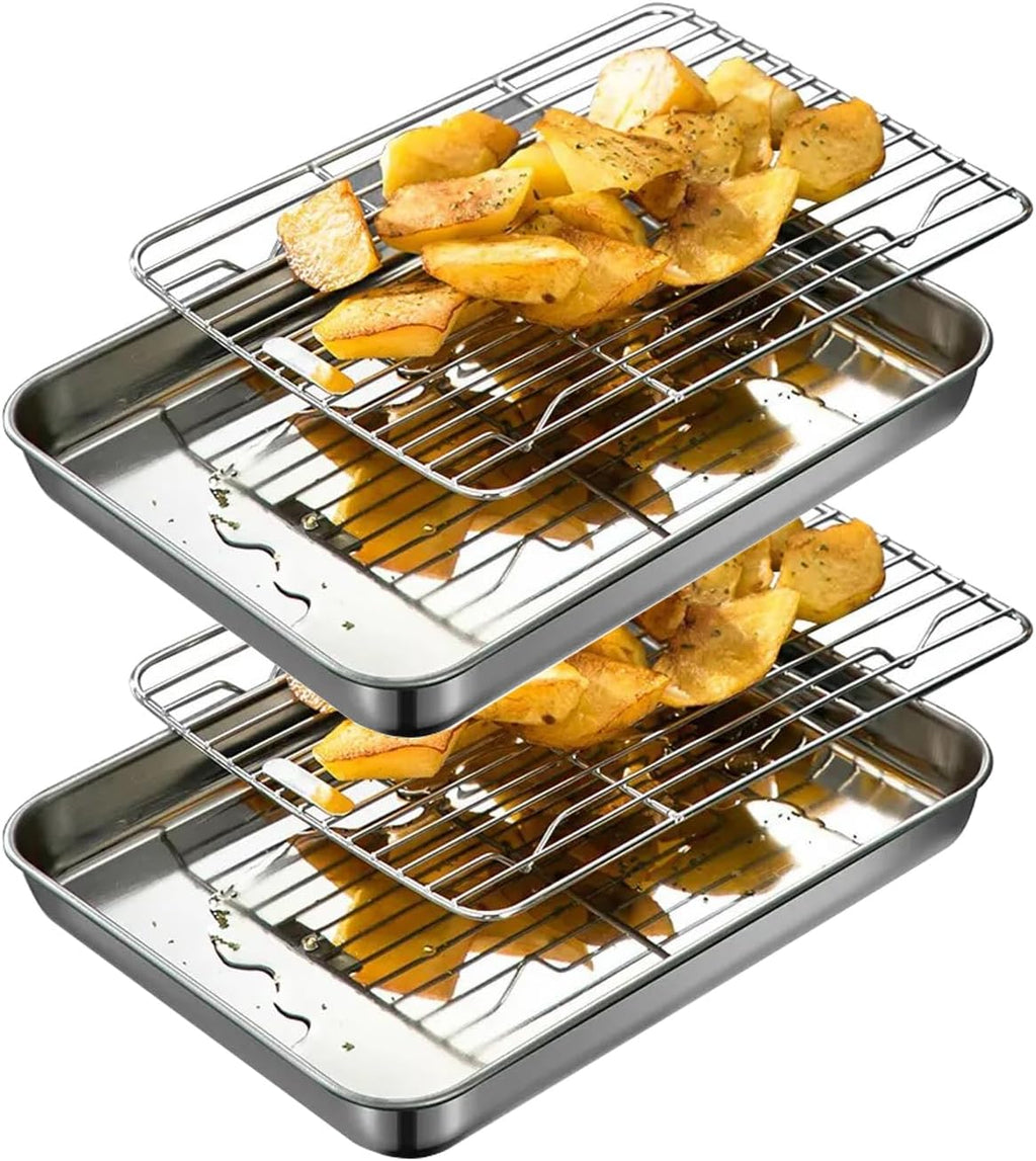 Skiennix Extra Small Serving Trays Set - Stainless Steel 304 Baking Sheet Pans with Cooling Racks | 9.3 x 6.9 Inch, Dishwasher Safe for 1-2 Persons