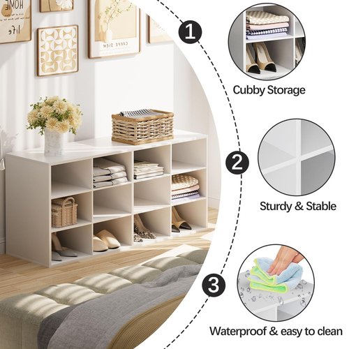 Garden 4 you Shoe Storage Bench, Cubby Shoe Rack with 12 Cubbies, 3-Tier Wood Shoe Rack Organizer, Shoe Organizer Cabinet for Entryway, Hallway, Closet and Garage, White