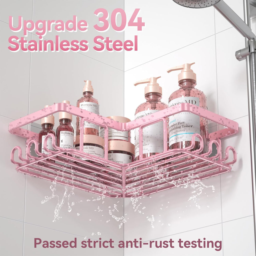 YASONIC Corner Shower Caddy - Rustproof Stainless Steel Bathroom Organizer | No Drilling, 3-Pack, Pink
