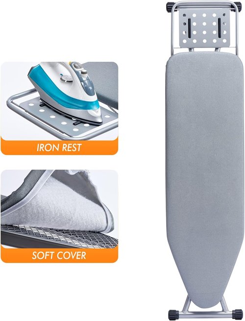 BKTD Ironing Board - Heat Resistant Cover with Steam Rest | Non-Slip, Foldable Design (13" x 34" x 53") - Silver Gray