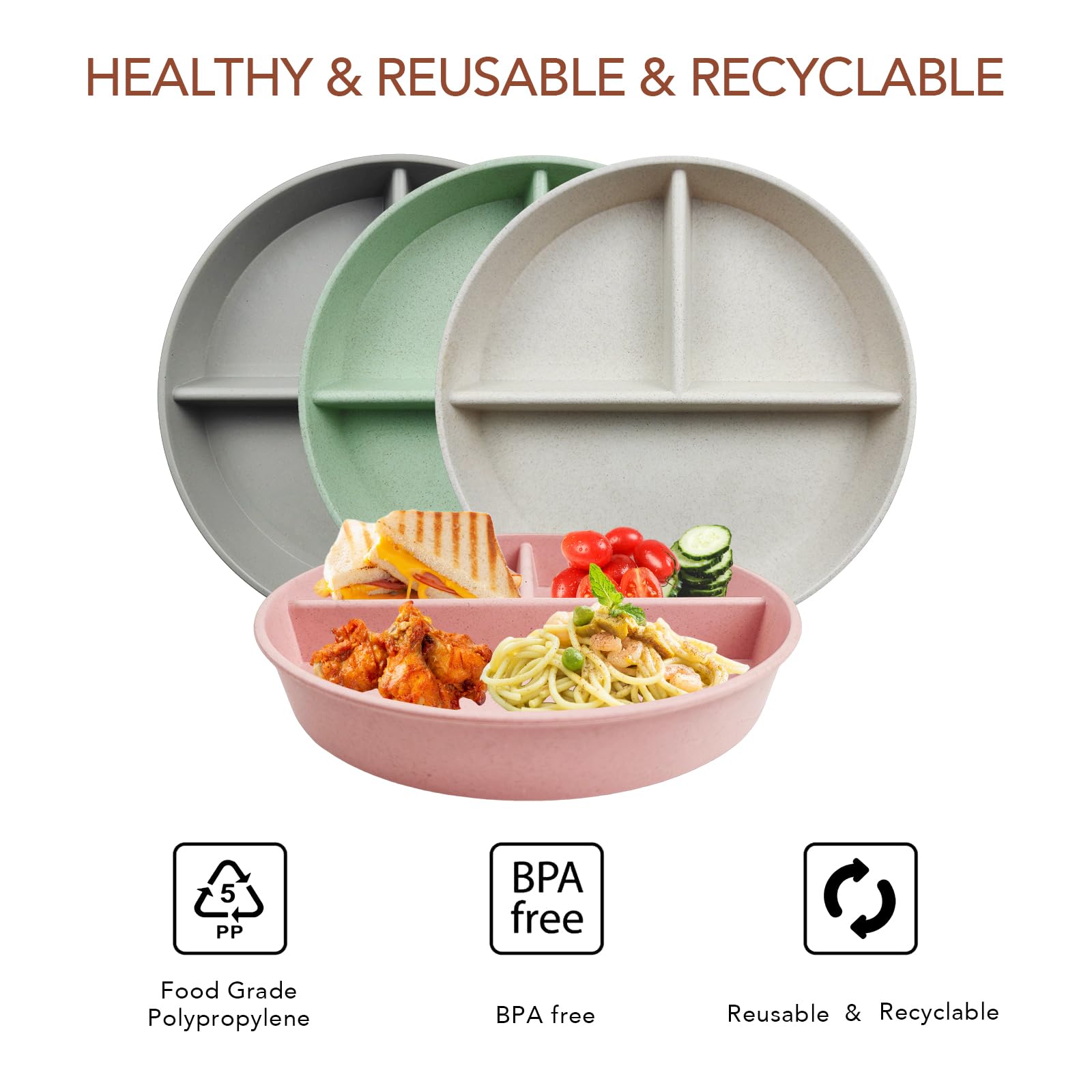 greenandlife 9 Inch 4PCS Divided Plates with Lids, Portion Control Plates for Kids Adults, Dishwasher Microwave Safe Compartment Plate, Unbreakable Lightweight Reusable Wheat Straw Plate Set, INS