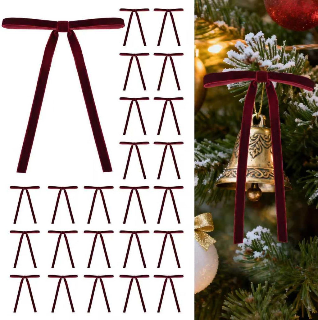 Regine Switzerland 24 Pcs Burgundy Velvet Bows - Elegant Christmas Tree Ornaments (5"x7", 3/8" Wide)