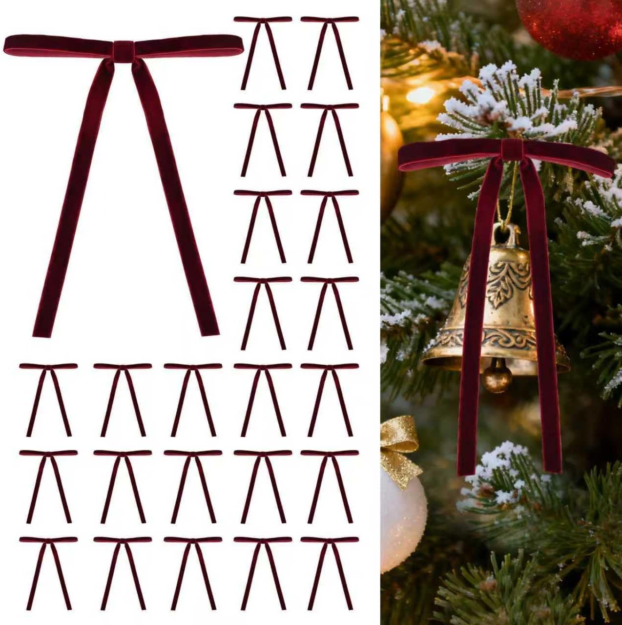 Regine Switzerland 24 Pcs Burgundy Velvet Bows - Elegant Christmas Tree Ornaments (5"x7", 3/8" Wide)