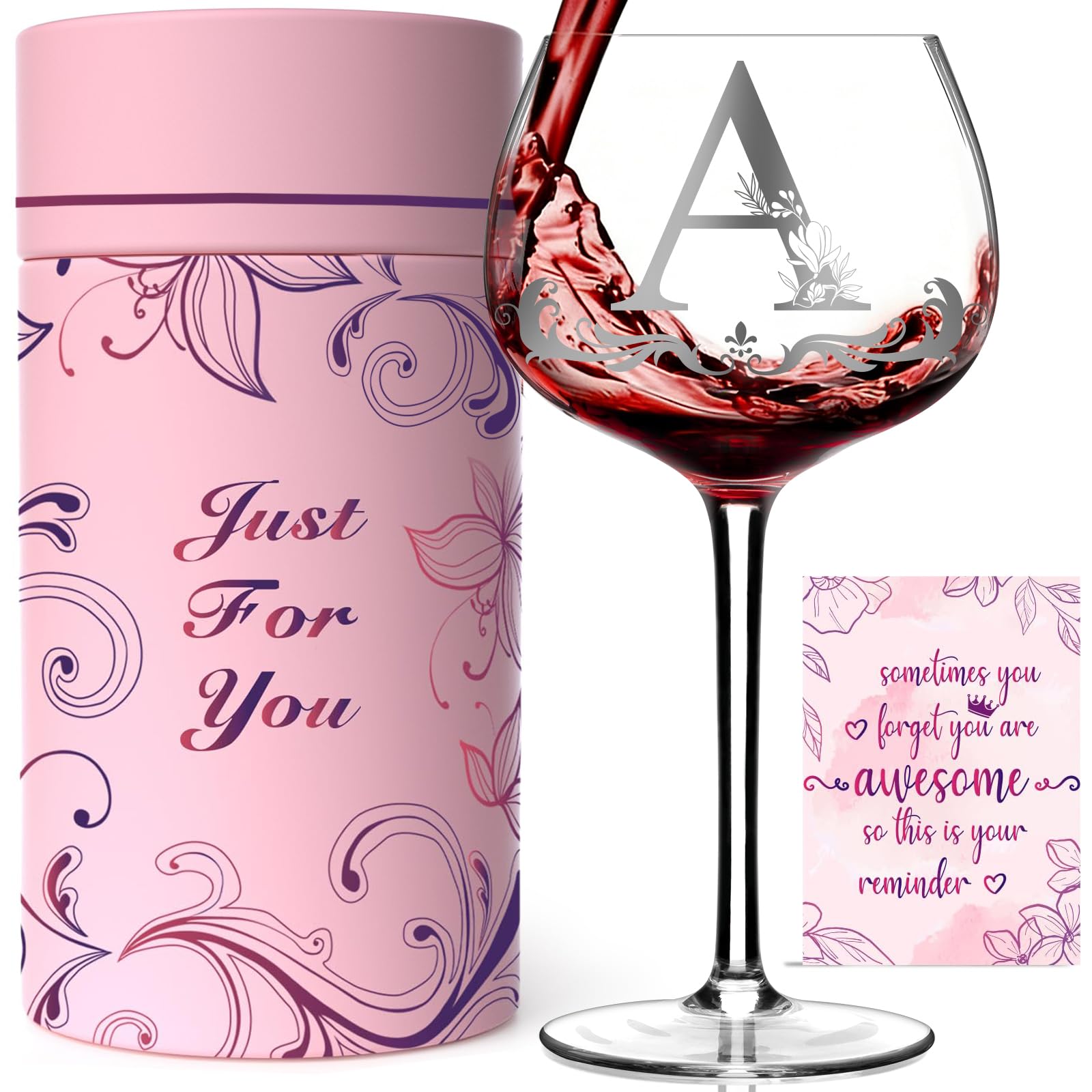 Mothers Day Gifts for Mom, Grandma, Wife - Personalized Initial A-Z Wine Glass Gifs for Women - Unique Birthday Gift for Her, Sister, Best Friend - 16oz Elegant Custom Monogram Glass (Letter A)
