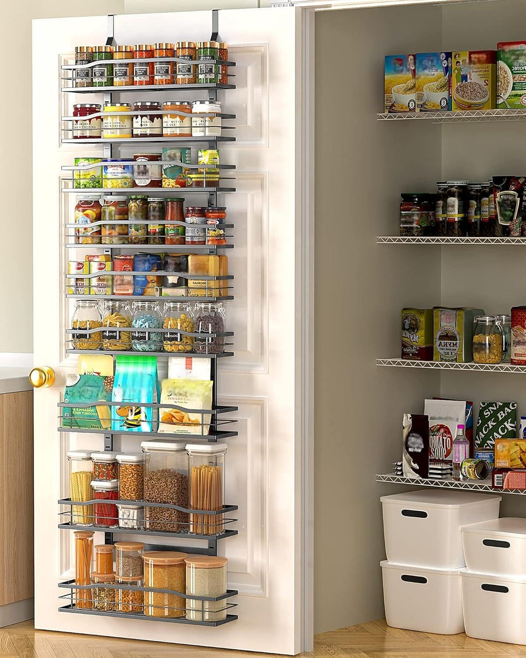 Moforoco 9-Tier Over The Door Pantry Organizer - Black Hanging Basket Spice Rack for Home & Kitchen