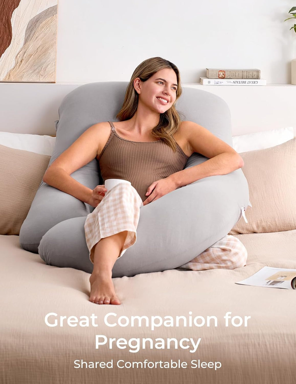 Momcozy U Shaped Pregnancy Pillow - Full Body Support with Removable Jersey Cotton Cover, 57 Inch, Grey