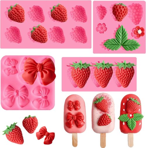 JOERSH Strawberry Fondant Molds - 4PCS Silicone Baking Molds for Cake Decorating & Cupcake Toppers
