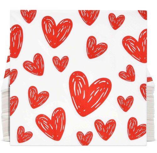 100 Red Heart Cocktail Beverage Napkins Disposable Paper Love Scribble Hearts Dessert Napkin for Valentine's Day Wedding Party Supplies Tableware Decor