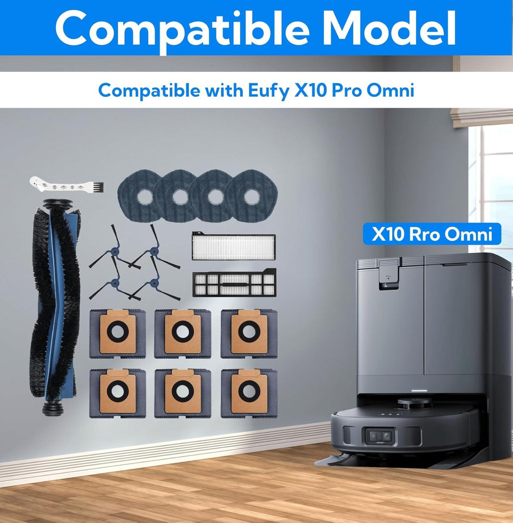 18 Pack X10 Pro Omni Replacement Parts Compatible with Eufy X10 Pro Omni Robot Vacuum Cleaner Gray Accessories Kit,1 Roller Brush, 2 HEPA Filters, 4 Side Brushes, 4 Mop Cloths, 6 Dust Bags, 1 Cleaning