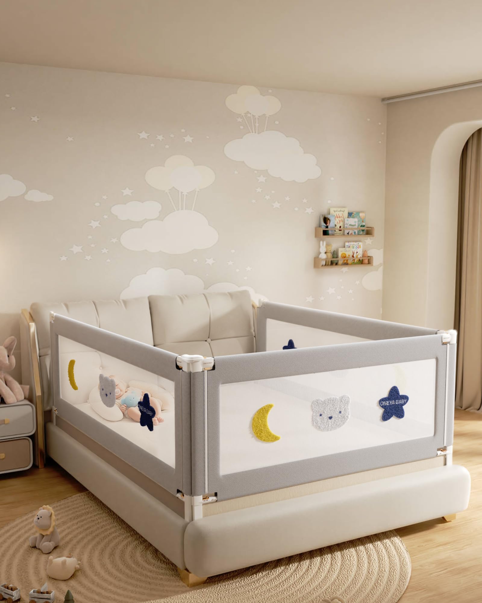 Baby Bed Rail Guard for Toddlers, Reinforced 74.8in Toddler Bed Rails for Twin, Full, King Bed with Height Adjustable, Extral Tall Child Safety Side Railing Guards/Bedrail for Kids, Grey Star, 1 Side