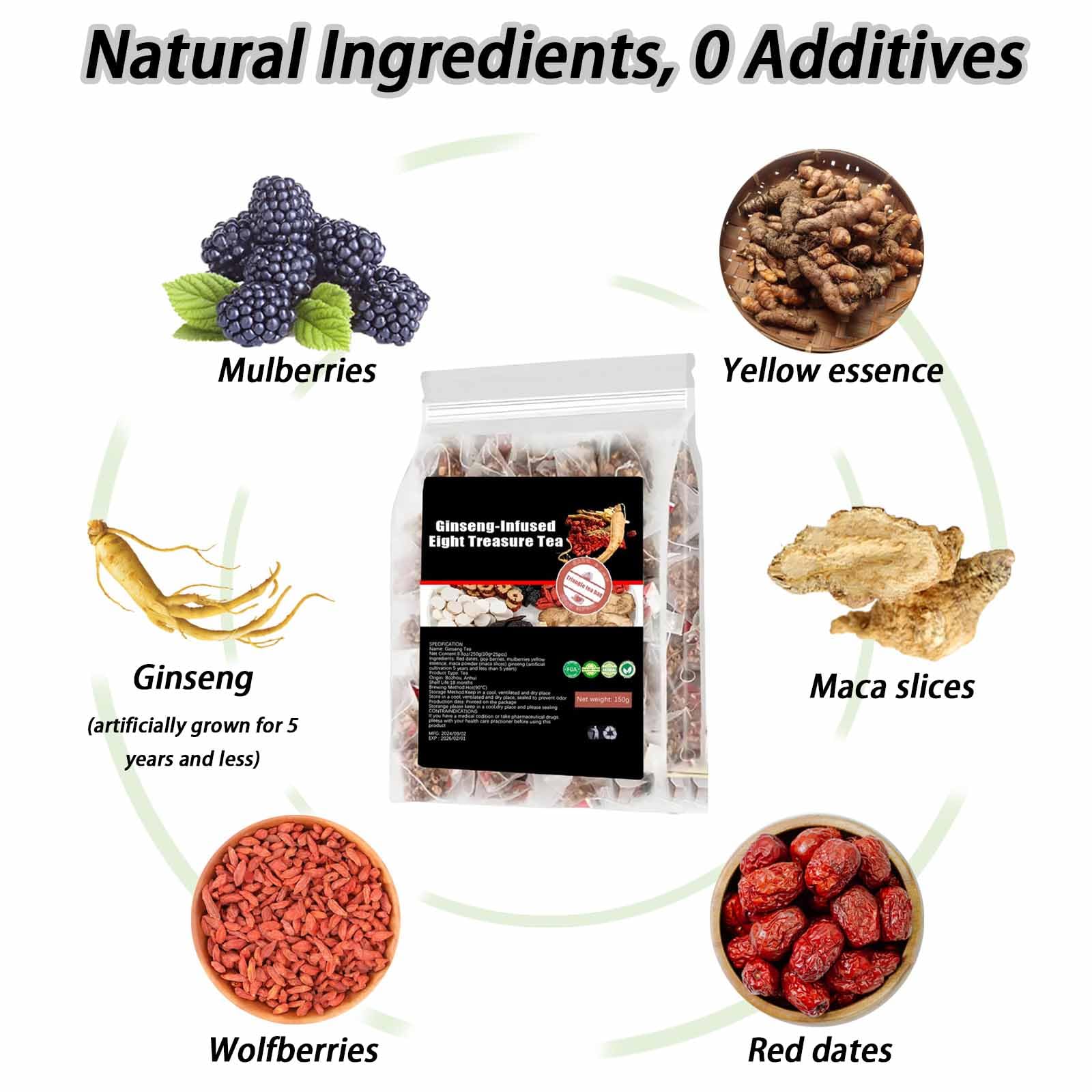 Ginseng Eight Treasure Tea Bags, Sweet Herbal Blend with Ginseng, Goji Berry, Red Dates & Barley, Natural Kidney Cleanse Detox Tea, Precious Ingredients Formula, 20 Teabags (1)