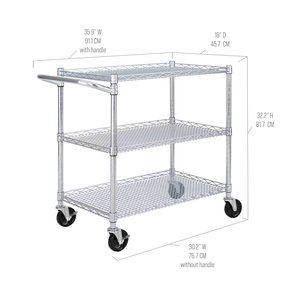 Seville Classics UltraDurable NSF Commercial Heavy Duty Metal Rolling Utility Cart, w/ Steel Shelves, Handle Bar for Restaurant, Garage, Warehouse, Kitchen, Office, Top Shelf (36"W x 18"D)