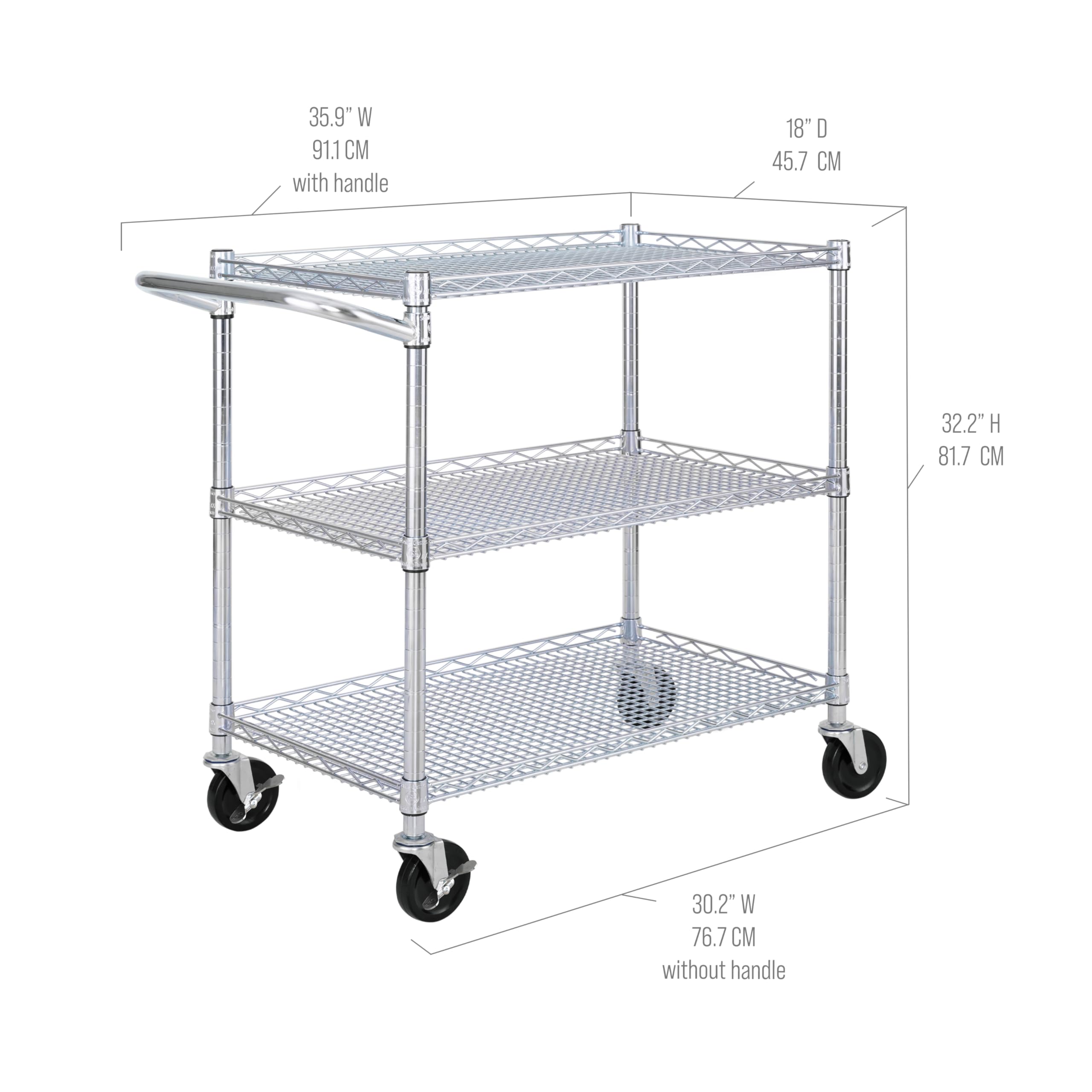 Seville Classics UltraDurable NSF Commercial Heavy Duty Metal Rolling Utility Cart, w/ Steel Shelves, Handle Bar for Restaurant, Garage, Warehouse, Kitchen, Office, Top Shelf (36"W x 18"D)