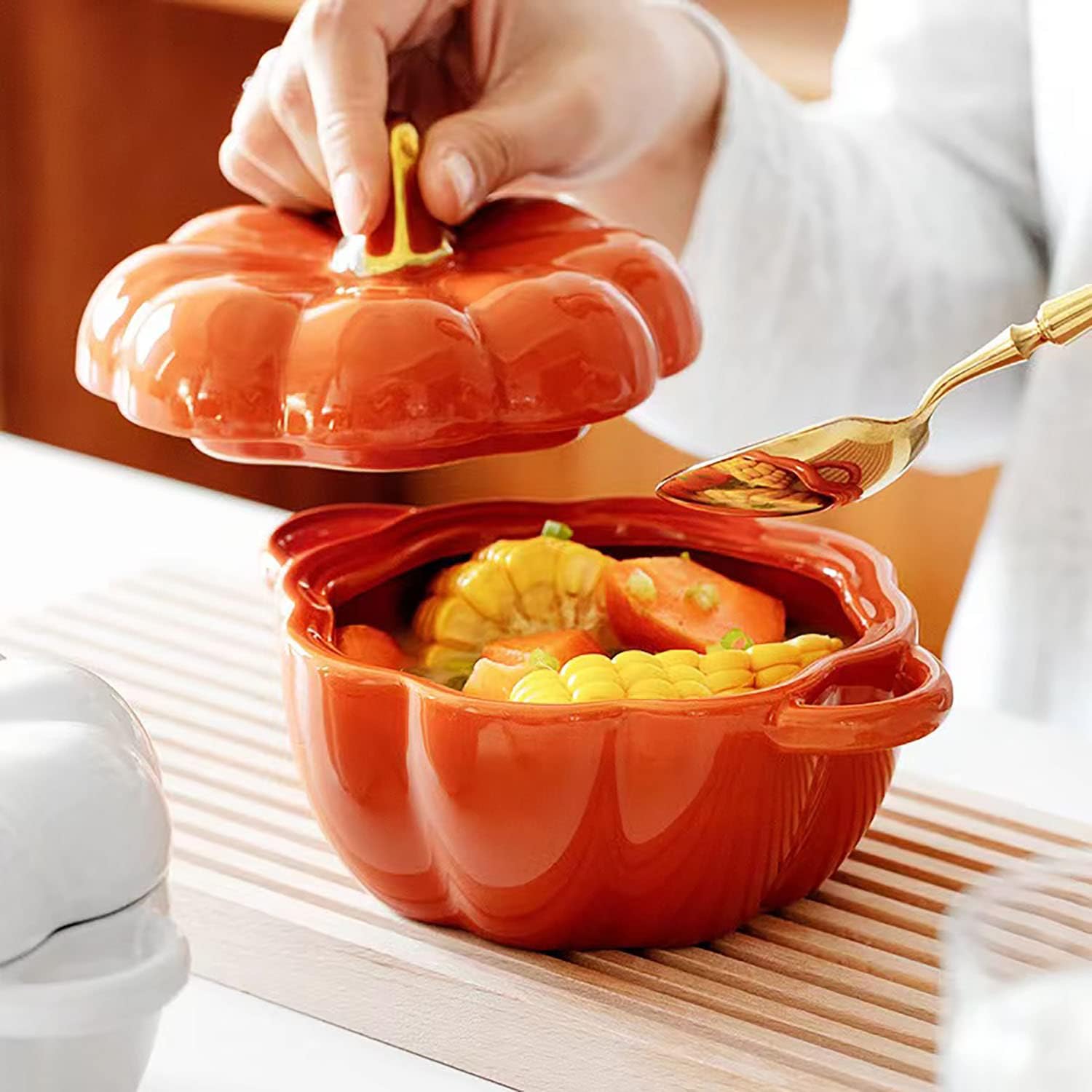 Pumpkin Bowl Set - 4 Ceramic Ramekins with Lid & Handle | Oven Safe Stoneware, 14 Oz (Orange)