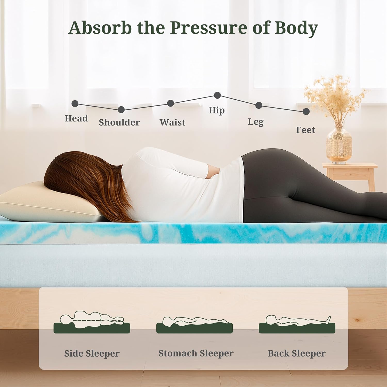 Skiennix Memory Foam Mattress Topper - 3 Inch Gel Infused Pressure Relief Pad for Twin Beds