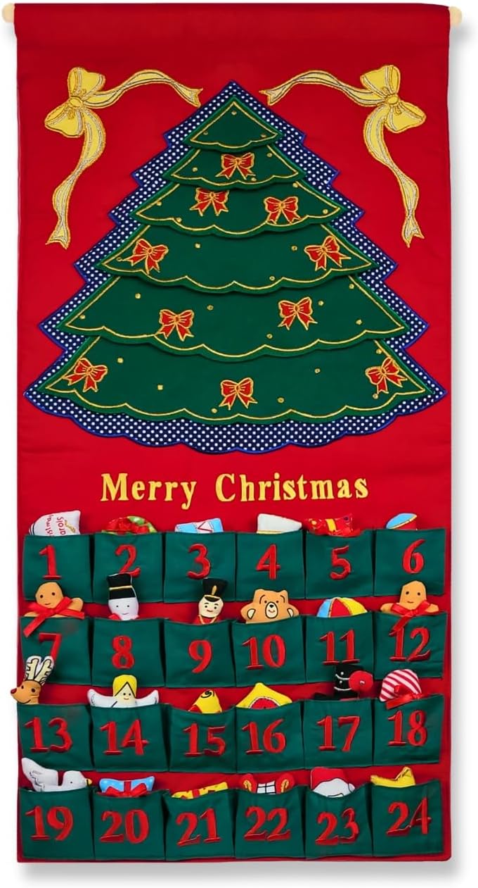 Pockets of Learning Merry Christmas Green Tree Advent Calendar - Festive Fabric Wall Hanging | 24 Stuffed Ornaments