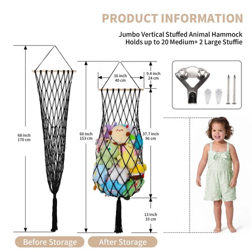 Stuffed Animal Storage Net, 68 Inch Jumbo Macrame Vertical Stuffed Animals Hammock Corner, Wall Ceiling Hanging Stuffy Hammock Plushie Holder Display for Kid Boy Girl Gift Boho Nursery Decor (Black)