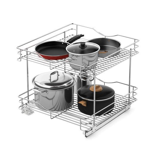 FULGENTE Chrome Finish 2 Tier (17" W X 18" D) Pull Out Drawer Cabinet Organizer Heavy Duty Slide Out Pantry Shelves Sliding Basket Storage For Home Kitchen Bathroom Under Sink Organization
