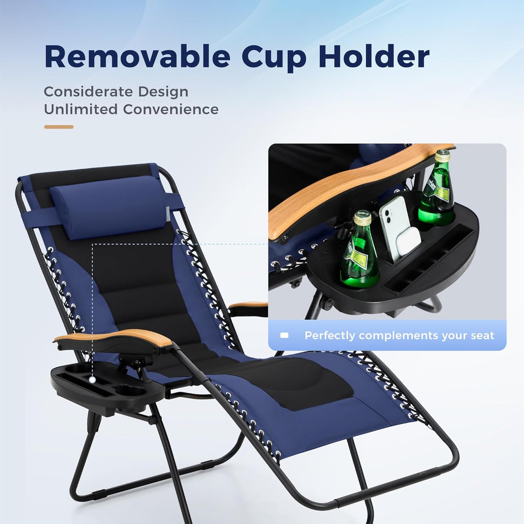 MAISON ARTS Oversized XXL Padded Zero Gravity Chair Set - Foldable Patio Recliner with Cup Holder & Pillow, Blue, Supports 400lbs