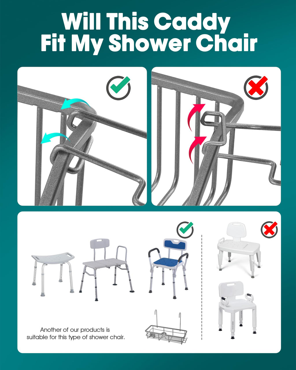 OrgCreator Rustproof Hanging Shower Caddy for Shower Chair, Stainless Steel Bathroom Basket for Bath Chair Bench,Showers Caddy Chair, Shampoo Bottle Holder for Elderly, Pregnant, Handicap, Patient