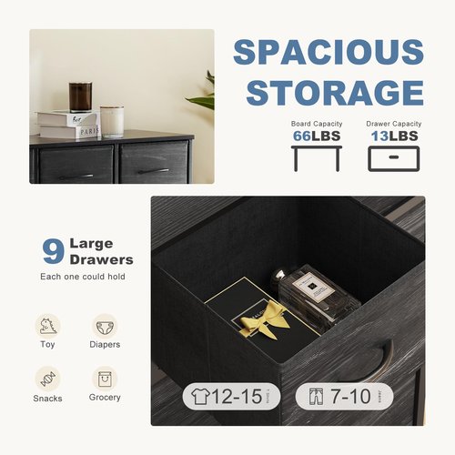 DUMOS 9 Drawer Dresser for Bedroom, Fabric Storage Organizer with Sturdy Metal Frame, Wooden Top Chest of Drawers for Closet Entryway Guest Room,Black Wood