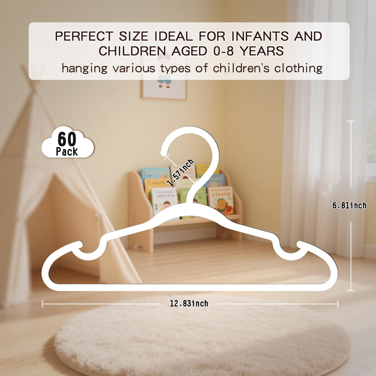 60 Pack Baby Plastic Hangers,12.83" Ultra-Thin,Non-Slip Hangers for Children. Ideal for Closets and Nurseries.Designed for Newborns and Children's Clothing,Including Trousers,Coat,Dresses.(White)