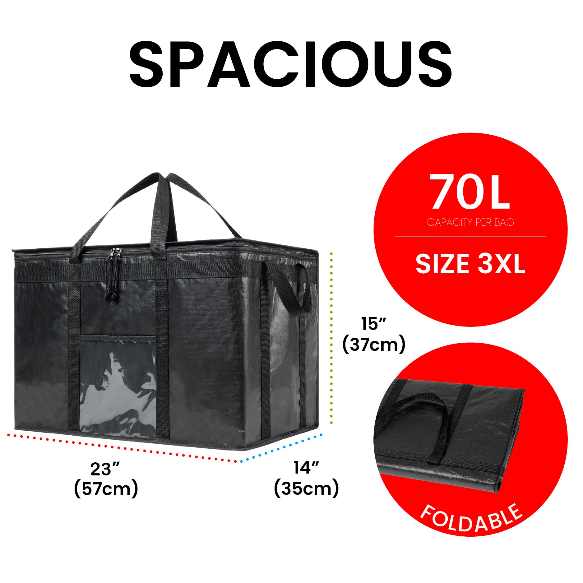 NZ home Insulated Bags for Food Delivery (3XL PRO) Grocery Shopping Cooler Bag, Pizza Delivery, Hot & Cold Catering Tote, Reusable, Foldable & Heavy Duty (2 Pack, Black)