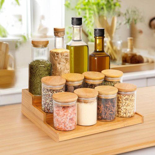 ComSaf Bamboo Spice Rack - 3-Tier Organizer with 12 x 6oz Jars & Labels for Kitchen Pantry
