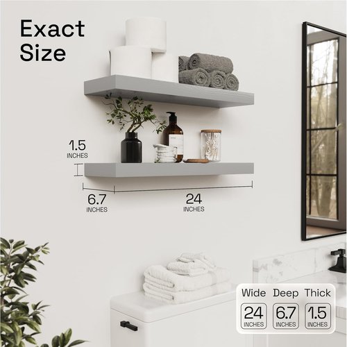 BAOBAB WORKSHOP Wood Floating Shelves - Rustic 24-Inch Grey Wall Shelves for Bathroom & Living Room | Set of 2