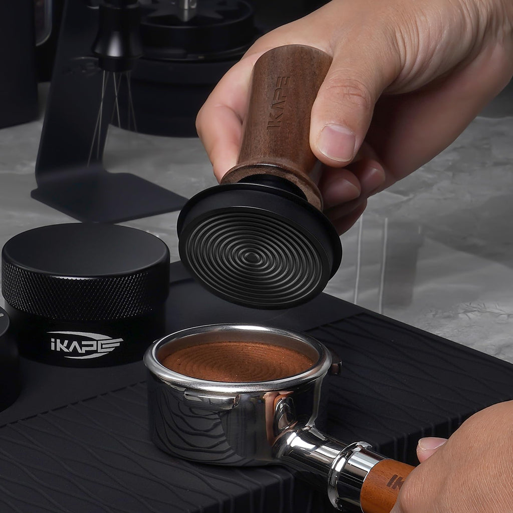 IKAPE 58.35mm Espresso Tamper, Spring-loaded Calibrated Tamper with Walnut Handle, Titanium Ripple Plating Base, Fits for Over 58mm Espresso Machine Bottomless Portafilter