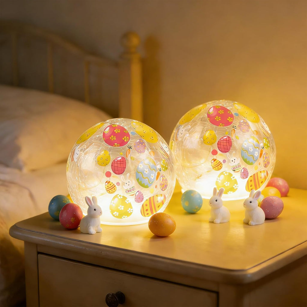 Skiennix Easter Glass Ball Lights - 3.93'' LED Bunny & Egg Decorative Table Lamps | Battery Operated Holiday Decor