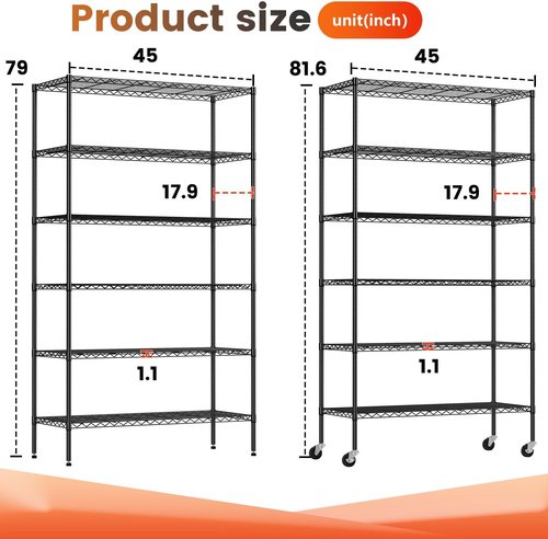 BestOffice 6-Tier Wire Storage Shelves - Heavy-Duty Metal with Wheels | Adjustable | 18x45x82 | Black | Holds Up to 2100 lbs | No-Tool Assembly for Home & Garage