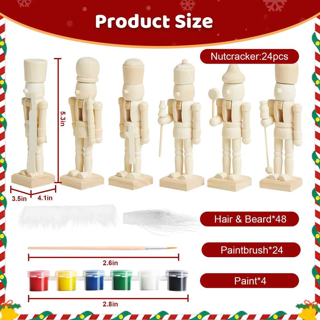 CUKBLESS 72 PCS Christmas Wooden Nutcracker to Paint Kit,24-Pack of 5 Inch Unpainted Nutcracker Figures with Beards,Hair,Brushes & Paint for DIY Craft Ornaments