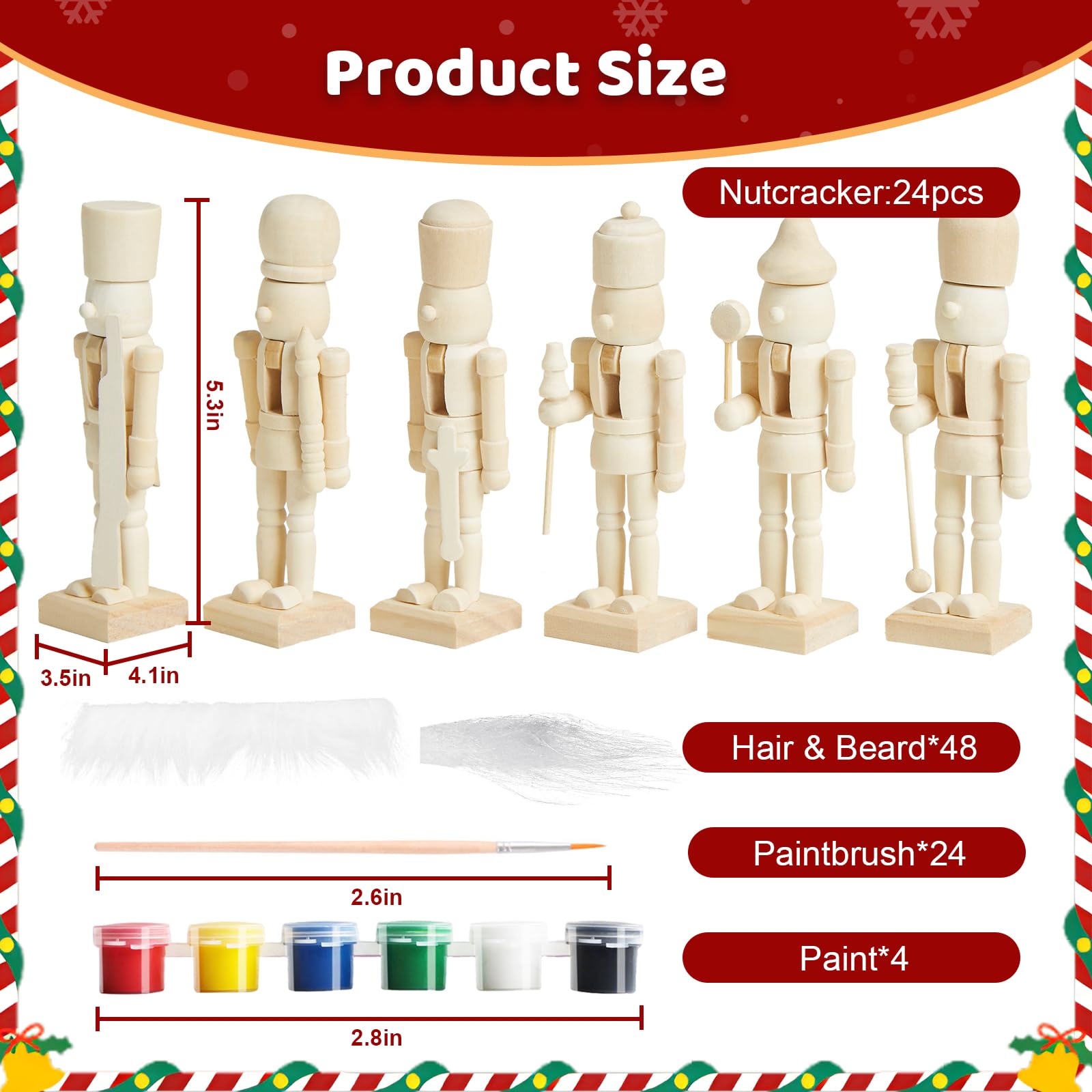 CUKBLESS 72 PCS Christmas Wooden Nutcracker to Paint Kit,24-Pack of 5 Inch Unpainted Nutcracker Figures with Beards,Hair,Brushes & Paint for DIY Craft Ornaments