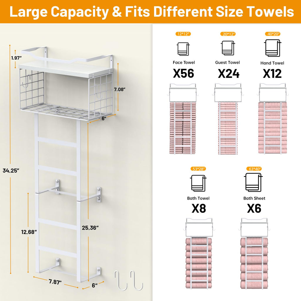 Towel Racks for Bathroom Wall Mounted, 4 tire Bath Towel Storage - with 2 Pack Towel Shelf and Floating Shelves Over Toilet, Rolled Towel Holder Shelf Organizer, Sturdy Metal & Wood, 34inch, White