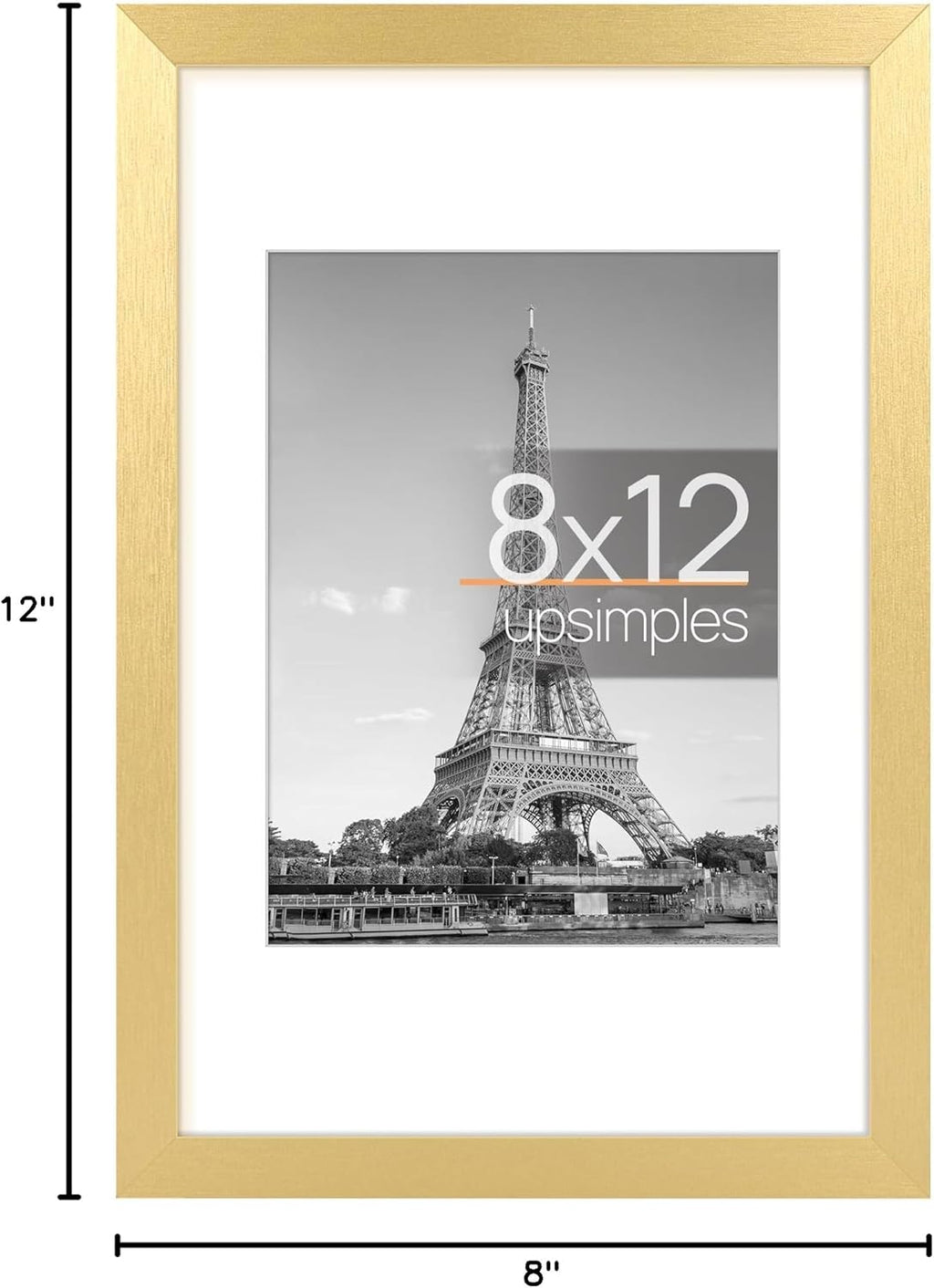 Upsimples 8x12 Picture Frame - Elegant Gold Wall Hanging Frame for 6x8 Photos with Mat
