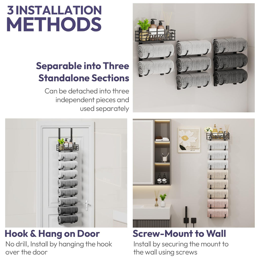 SWTYMIKI Hanging Towel Racks for Bathroom - 9 Tier Over The Door & Wall Mounted Bath Rolled Towel Storage Organizer Holder for Small Bathroom, RV, Camper, Black (Patented)