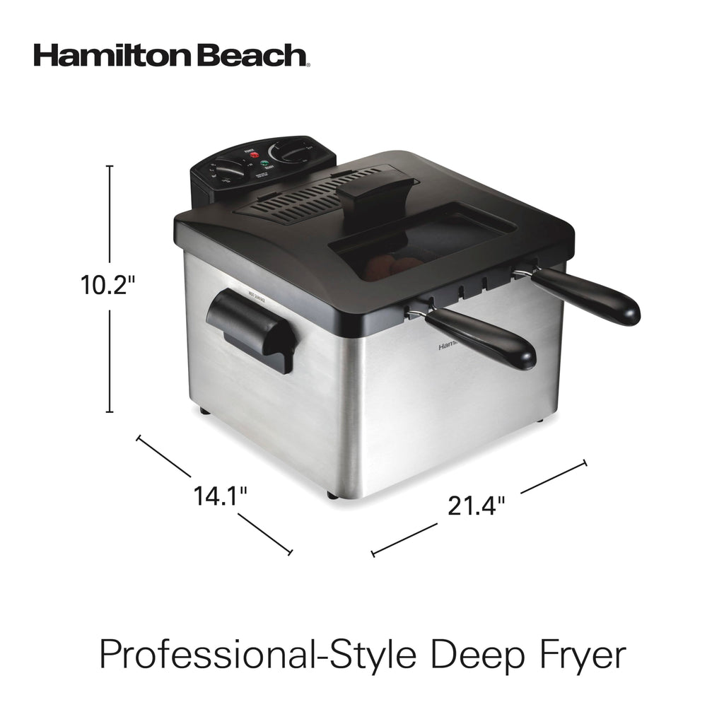 Hamilton Beach Electric Deep Fryer with 2 Baskets and Lid, 4.5 Liters / 19 Cups Oil Capacity, Temperature Control, View Window, Professional Style, 1800 Watts, Stainless Steel (35036)
