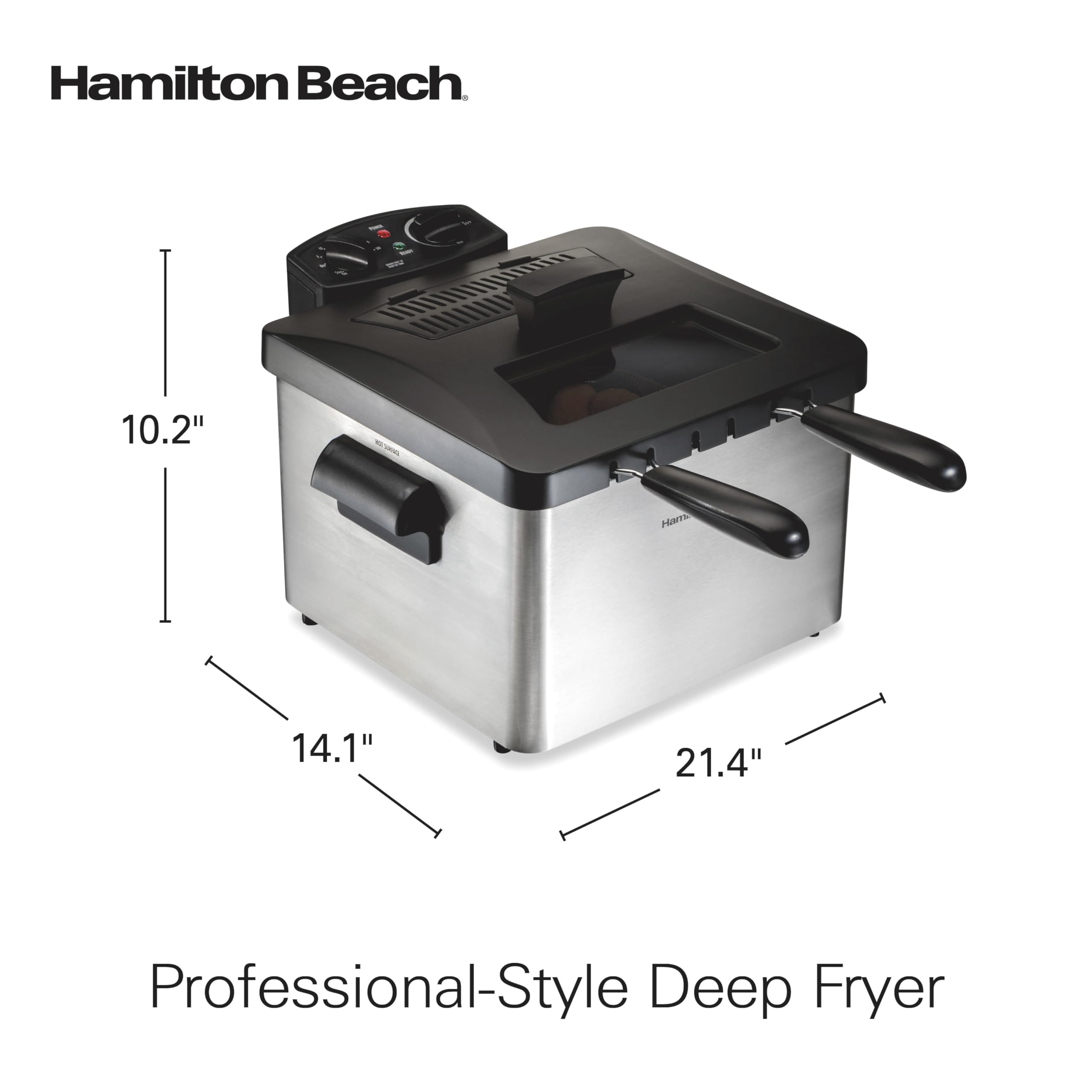 Hamilton Beach Electric Deep Fryer with 2 Baskets and Lid, 4.5 Liters / 19 Cups Oil Capacity, Temperature Control, View Window, Professional Style, 1800 Watts, Stainless Steel (35036)