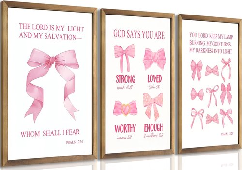**JBZDD Christian Pink Bow Wall Art - Set of 3 Unframed Inspirational Bible Verse Prints | 12x16in for Girls' Room**