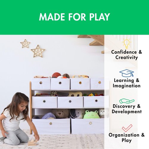 Humble Crew Toy Storage Organizer with 9 Removable Fabric Bins, Light Grey/Grey – Premium Playroom Toy Organizer for Toddlers Ideal for Kids' Rooms, Playrooms, and Nurseries - Modern Toy Bins for Kids