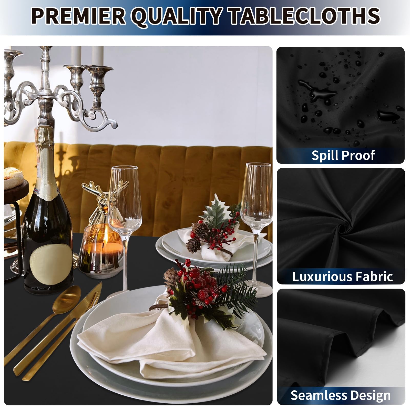 PureFit 6 Pack Rectangle Black Table Cloths 60 x 126 Inch for 6Ft Tables, Stain and Wrinkle Resistant Table Linens for Home Use, Wedding, Party, Banquet and Camping