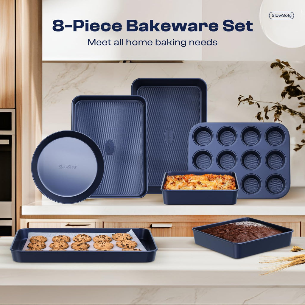 Skiennix 8-Piece Baking Pans Set - Nonstick Bakeware for Oven | Ceramic Coated Blue Cookie & Muffin Pans