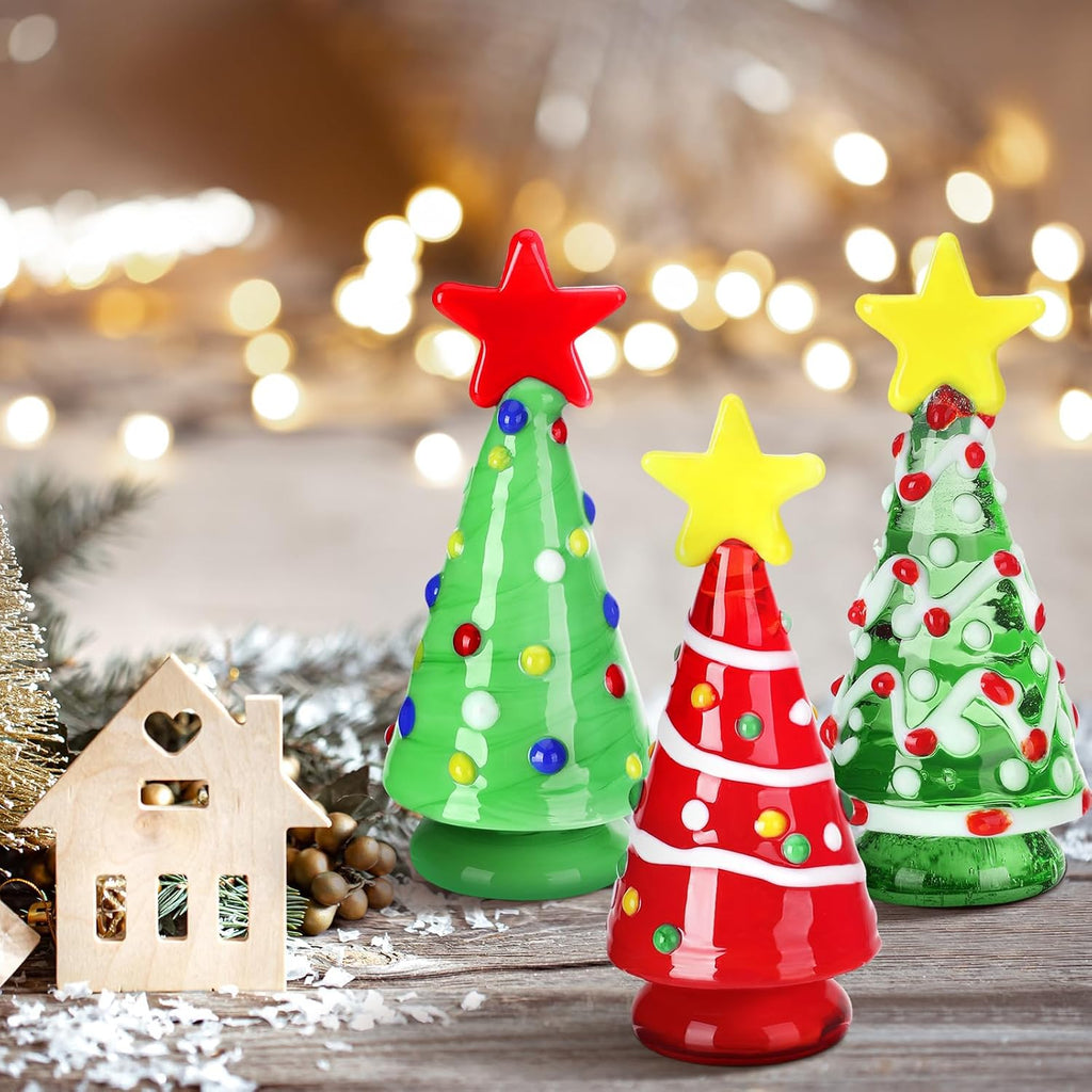 Skiennix Mini Christmas Tree Glass Ornaments Set - 6 Pcs Holiday Figurines for DIY Crafts | 2.36 Inch