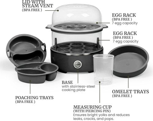Elite Gourmet Easy Egg Cooker - Stainless Steel, Two-Tiered, 14-Egg Capacity, Auto Shut-Off, Black