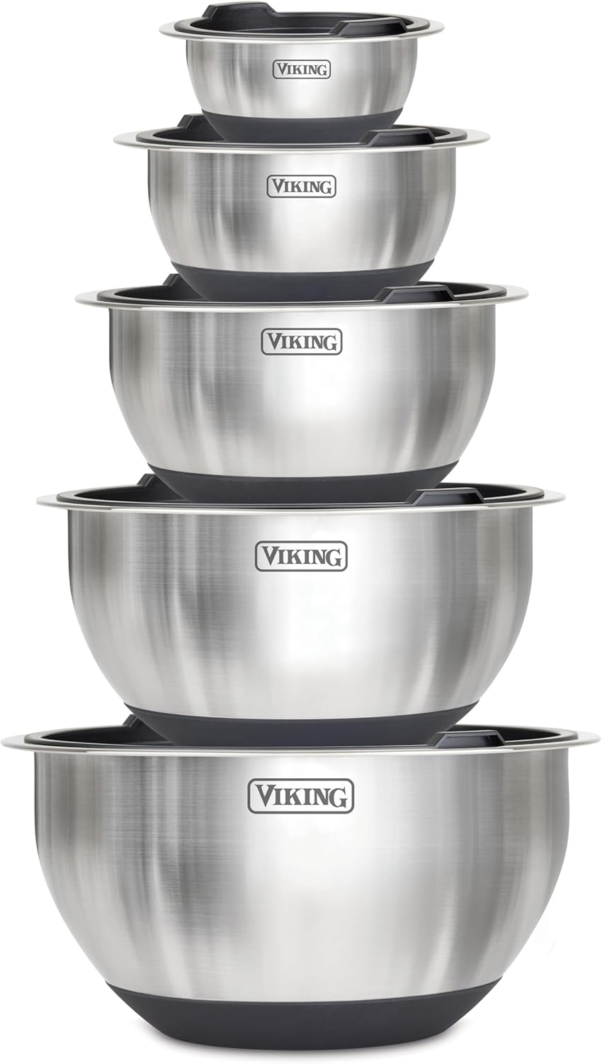 Viking 10-Piece Stainless Steel Mixing Bowls Set - Non-Slip Silicone Base & Tight Fit Lids | Dishwasher Safe, Black