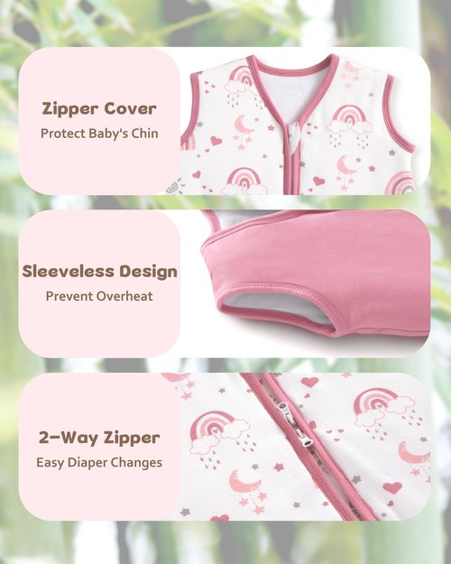 FIEMOL Rayon Made from Bamboo Baby Sleep Sack 6-12 Months, 1.0 Tog Baby Wearable Blanket, Soft Sleeping Bag for Newborn Infant Babies with 2-Way Zipper 2 Pack (Medium) Pink Rainbow